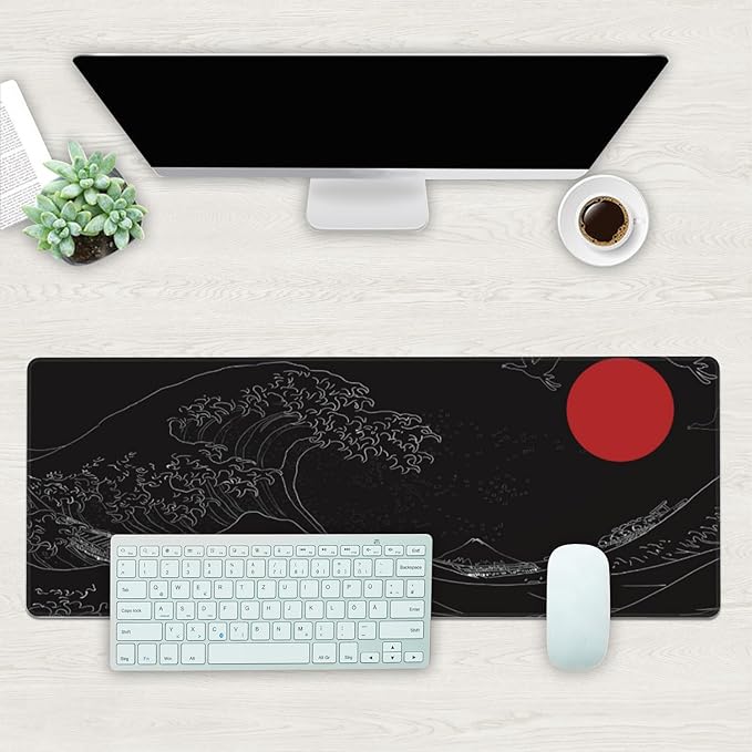 Desk Mat, Black Japanese Style Wave and Red Sun Extended Gaming Mouse Pad Large, 31.5"x11.8" Big Mouse Pad with Non-Slip Base and Stitched Edge, Long Computer Keyboard Mouse Mat for Home Office Work