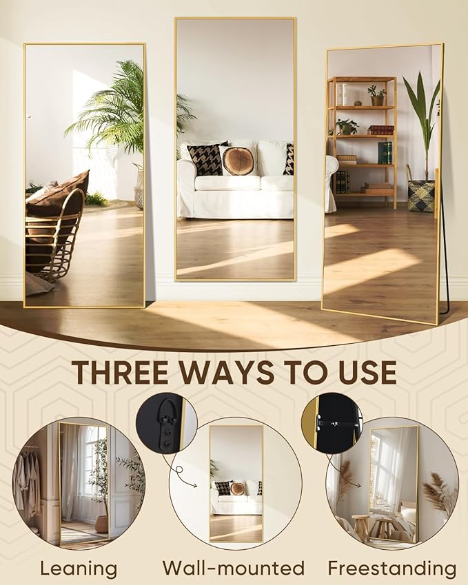 Antok Full Length Mirror, 58"x21" Floor Mirror, Floor Standing Freestanding Full Body Mirror with Stand for Bedroom, Hanging Mounted for Living Room Cloakroom, Gold