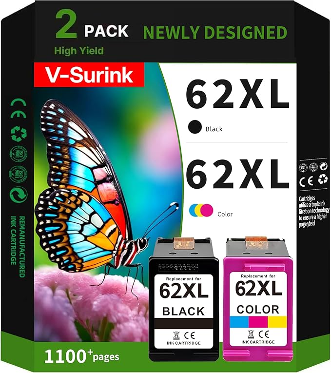 Replacement for HP 62XL Ink Cartridge Combo Pack Higher Yield 2 Pack Compatible for HP Ink 62 Envy 7645 5540 7640 5660 OfficeJet 5740 5741 8040 OfficeJet Mobile 200 250 (Black, Color)