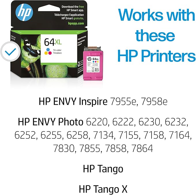 HP 64XL Tri-color High-yield Ink Cartridge for HP Printers | Works with Printer Series: ENVY Inspire 7950e; ENVY Photo 6200, 7100, 7800; Tango | Eligible for Instant Ink | N9J91AN
