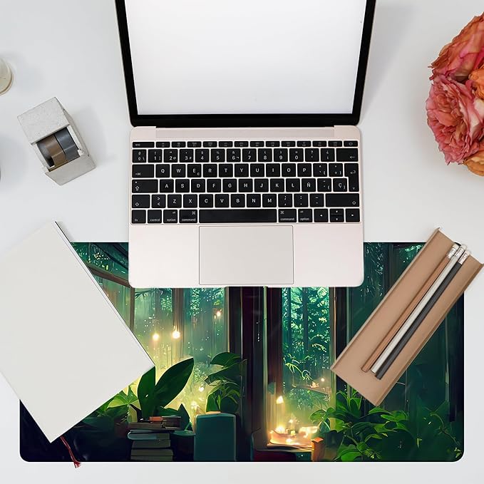 Desk Mat, Window View of Forest Desk Pad, Green Atmosphere Large Gaming Mouse Pad for Desk, 31.5"x15.7" Extended Big Computer Keyboard Mouse Pad with Non-Slip Base and Stitched Edge