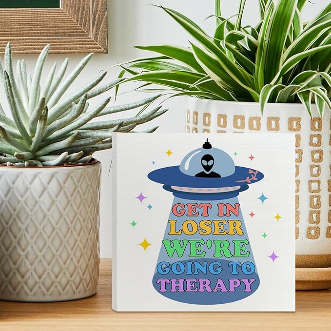 Therapy Office Desk Wooden Box Sign Decor, Funny Mental Health Wood Box Sign Decorations for School Psychologist Office, Gifts for Therapist Psychologist School Counselor, We're Going to Therapy