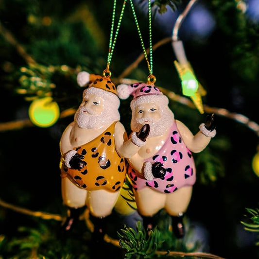 Funny Santa Ornaments Set of 2 - Playful Leopard Print Santas! Blown Glass Santa Ornaments for Christmas Tree