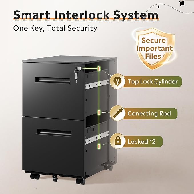 DEVAISE 2-Drawer Metal File Cabinet with Lock, Mobile Filing Cabinet Under Desk for Home Office, Fully Assembled Printer Stand fits F4/A4/Letter/Legal Size, Black, 20" D x 15" W x 27" H