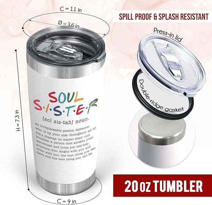 TEEZWONDER Christmas Friendship Gifts for Women - Soul Sister Stainless Steel Insulated Tumbler with Lid 20 oz - Inspirational Birthday Gifts for Friendship Women Friend BFF Work Bestie Coworkers