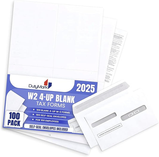 W2 Forms 2025 with Envelopes, Blank W2 4 UP Tax Forms, Compatible with QuickBooks, Sage and other programs, Ideal for E-Filing, Laser or Inkjet Printers, 100 Sheets and 100 Self Seal Envelopes