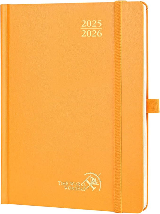 POPRUN Planner 2025-2026, (Medium 6.5'' x 8.5'' Hard Cover) Academic Calendar (July 25-June 26) Daily Weekly and Monthly Appointment Book with Hourly Time Slots, Monthly Tabs, 100 GSM - Orange