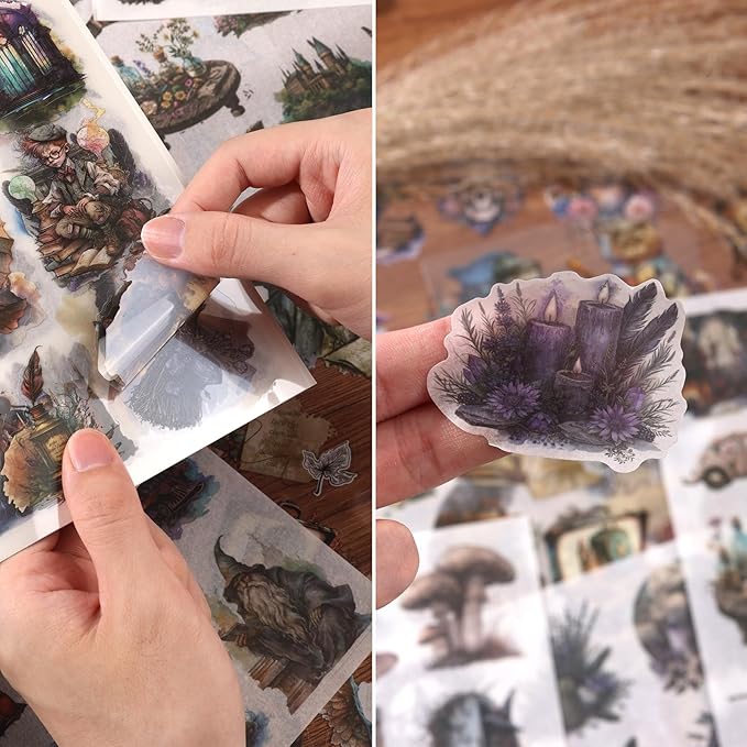 Fantasy Scrapbook Stickers 20 Sheets 240 Pre-Cut Magic Washi Stickers for Journaling PET Transparent Book Sticker Decorative or DIY Paper Crafts, Arts and Crafting Projects