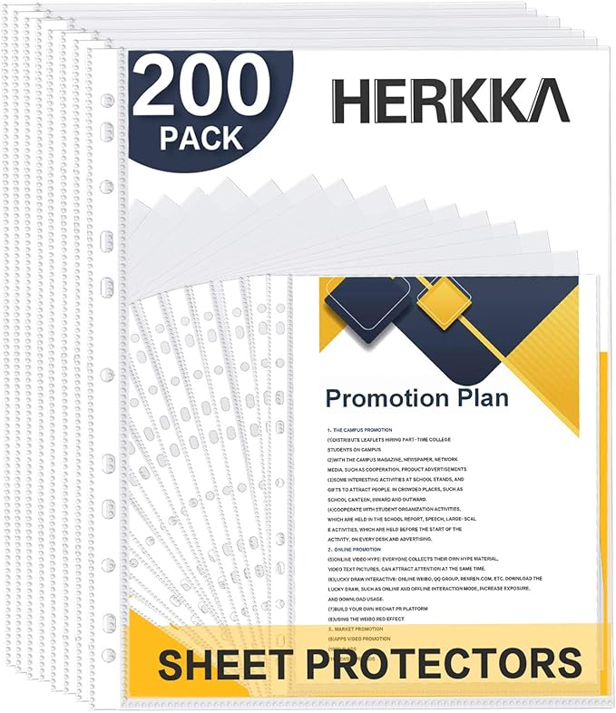 Sheet Protectors, HERKKA 200 Pack Upgrade Clear Plastic Page Protectors Sheet Reinforced 11-Hole Fit for 3 Ring Binder Fits Standard 8.5 x 11 Paper, 9.25 x 11.25 Top Loaded, Acid Free