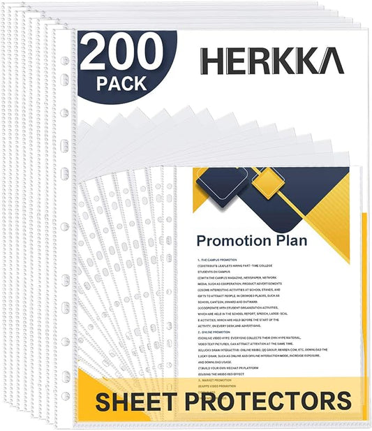 Sheet Protectors, HERKKA 200 Pack Upgrade Clear Plastic Page Protectors Sheet Reinforced 11-Hole Fit for 3 Ring Binder Fits Standard 8.5 x 11 Paper, 9.25 x 11.25 Top Loaded, Acid Free