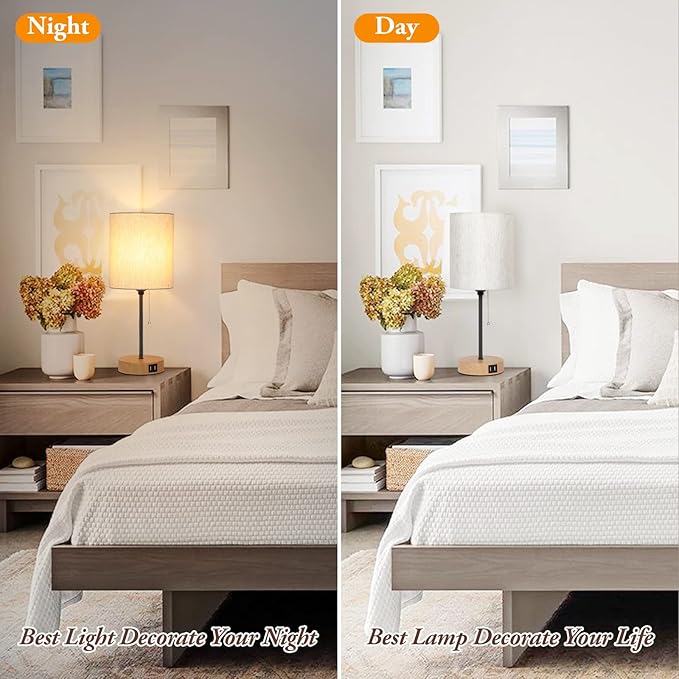 Table Lamps Set of 2 with USB Charging Ports, Bedside Lamps with AC Outlet, Nightstand Lamps with Pull Chain Switch, Minimalist Modern Desk Lamps with Flaxen Shade for Living Room Bedroom Office
