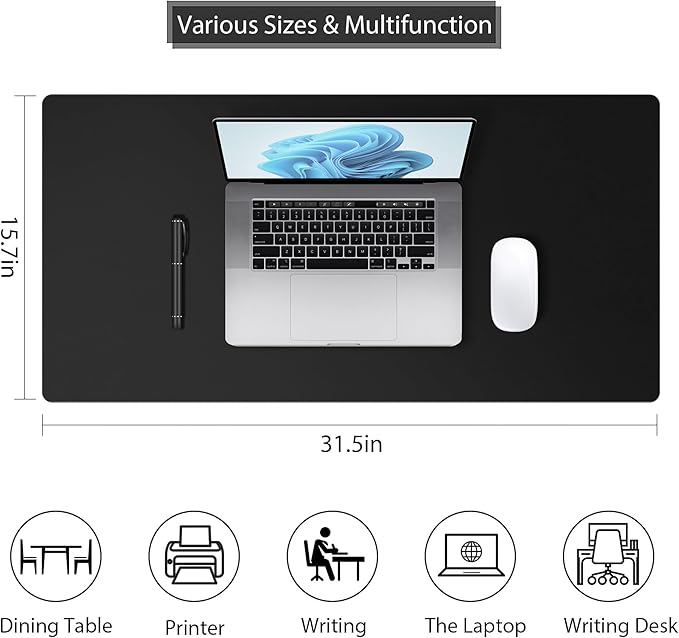 Desk Pad Protector Mouse Pad, Non-slip Computer Mat for Desk, PU Leather Office Desk Mat, Waterproof Desk Pad for Keyboard and Mouse, Laptop Desk Blotter Pad for Home and Office, Black (15.7''X31.5'')