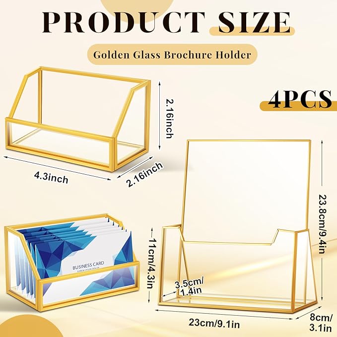4 Pcs Glass Display Stand Set 2 Gold Glass Brochure Holder Stand 2 Gold Business Card Holder for Office Desktop Countertop Name Card Magazine Literature Journal(8.5 x 11'')