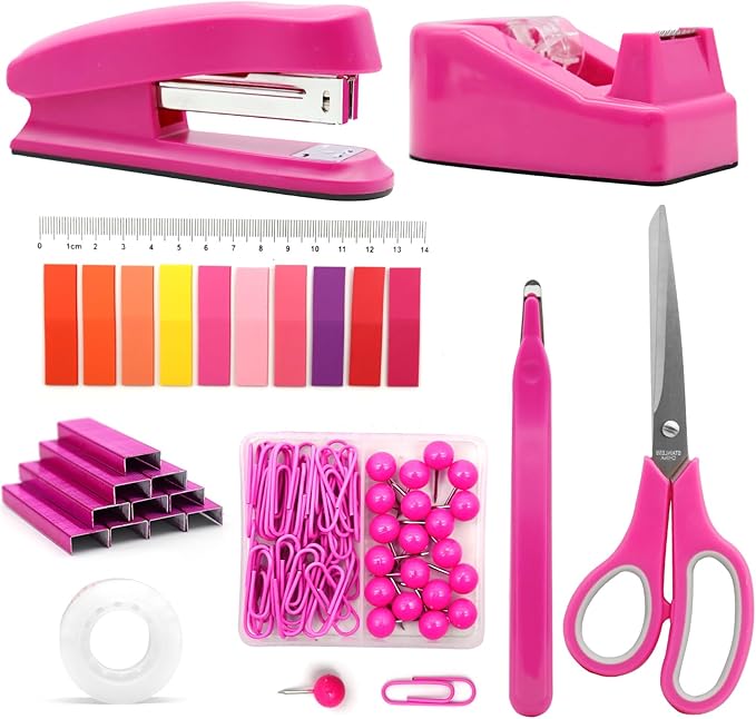 Hot Pink Desk Accessories Set - Stapler and Tape Dispenser Kit, Office Supplies Gift for Students, Women, Coworkers, Boss Lady, Office Clerks