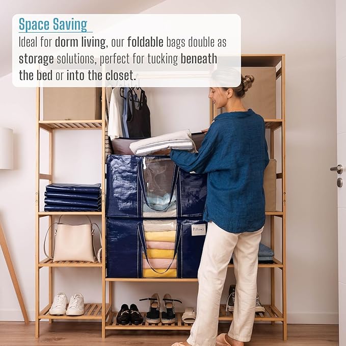 VENO 10 Pack Moving Bags, Moving Supplies, Moving Boxes, College Packing Storage Boxes with Lids Alternative, Dorm Space Saving Foldable Heavy-Duty Large Tote with Window, Zipper (Blue, 10 Pack)