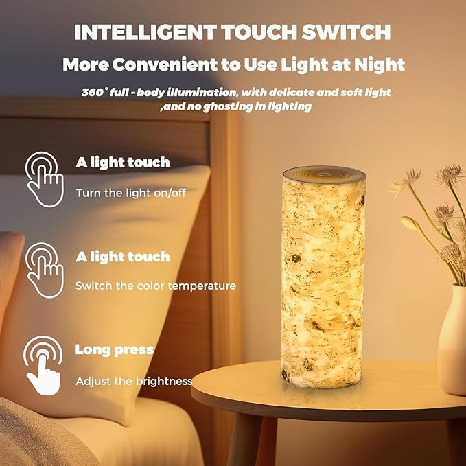 USB Charging Touch Bedside Table Lamp, 4000mAh Rechargeable Battery - Stepless Dimming Imitation Birch Tree Lamp, Portable Night Light for Bedroom, Camping, Dorm, Living Room, Office