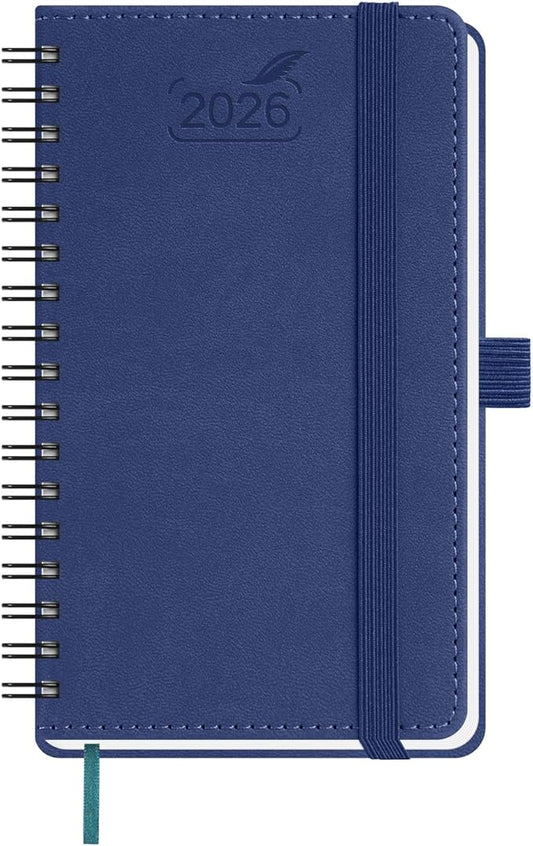 BEZEND Pocket Calendar 2026 Weekly and Monthly (3.5" x 6" Spiral) Small Daily Planner for Purse (Jan-Dec) with Notes & Expenses, Inner Pocket, Pen Holder, Vegan Leather Softcover - Blueberry