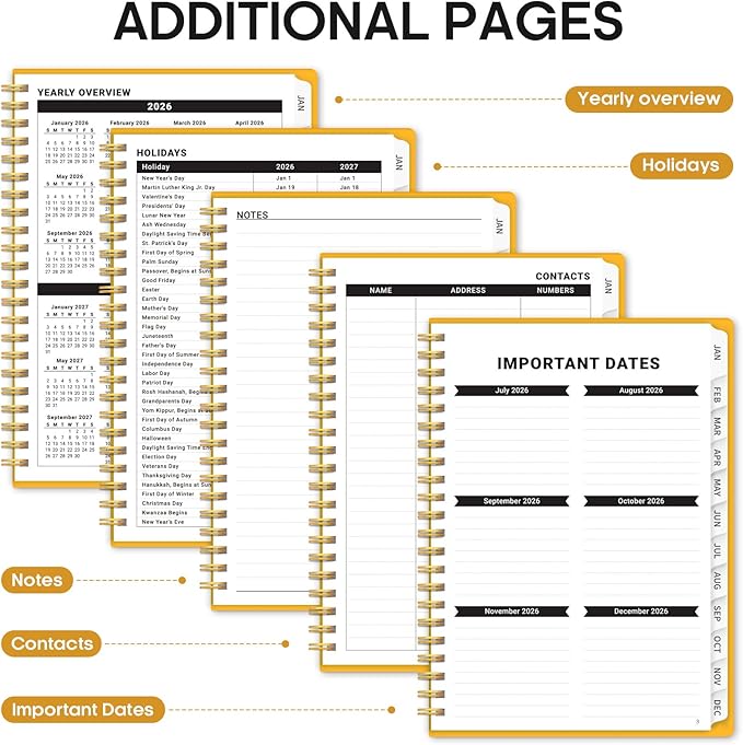 2026 Planner, Weekly and Monthly Calender Planner, Jan 2026 to Dec 2026, Hardcover 2026 Calendar Planner Book with Tabs & Inner Pocket, Office Home School Supplies for Women & Men - A4 (8.5" x 11"), Yellow