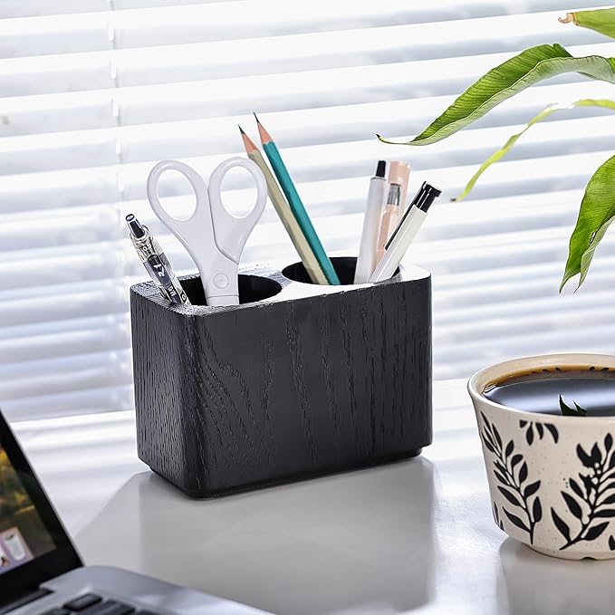Oak Solid Wood Pen &Pencil Holder for Desk, Office Stationery Organizer, Table Pencil Cup Stand,Desk Accessories Holder, Two Cups Practical Design. (Char Black)