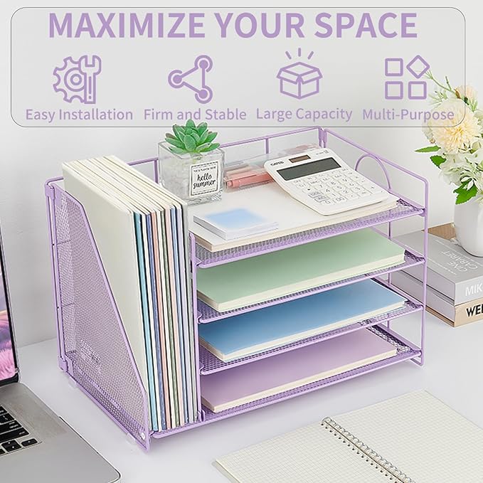 OPNICE 4-Tier Paper Organizer with Magazine Holder, Desk Organizers and Accessories, Office Desk Accessories & Workspace Organizers, Desktop File Organizer for Office Supplies Storage, Purple