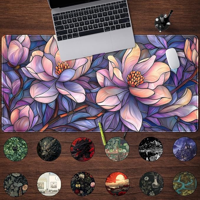 Floral Desk Mat Gaming Large Mouse Pad Desk Keyboard Pad, Long Computer Mat Faux Stained Glass Artistic Patterns Mouse Mat, Aesthetic Floral Purple & Pink Desk Protector Office Decor 31.5" X 15.7"