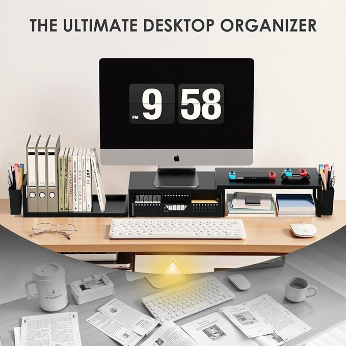 Desk Organizers and Accessories, Dual Monitor Stand Riser with Drawer and 2 Pen Holders, Desk Shelf Metal Computer Monitor Stand for Office Workspace Organizers, Desktop Organization (Black)