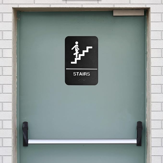 ADA Stairs Sign with Braille with Adhesive Back - Durable and Wipe Clean Plastic - 9"X6" - Black and White - Business Restaurant Signage for Indicating Stairs - ADA Compliant - 4 PK