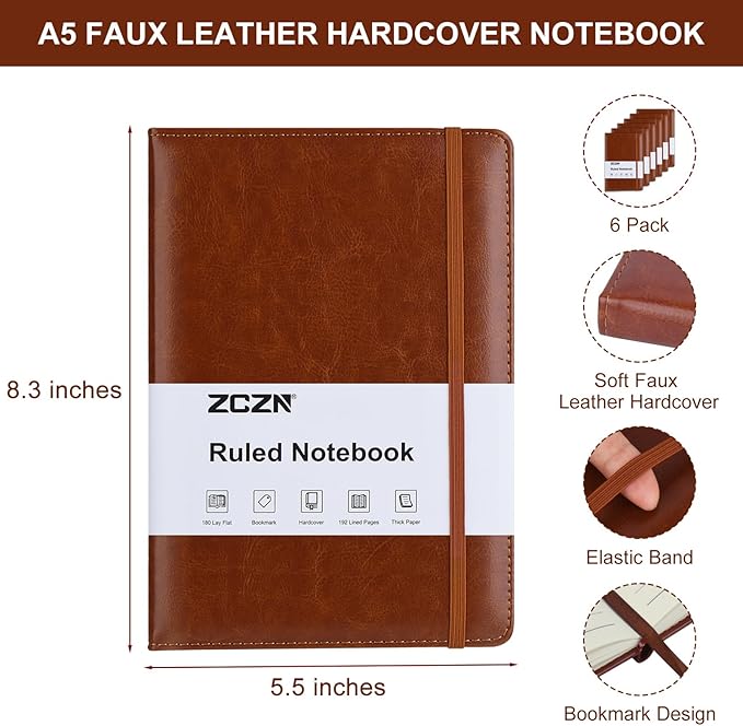 ZCZN Lined Journal Notebooks for Work, 5.5x8.3 in, 192 Pages, Hardcover Leather A5 Journals for Writing, Diary & Travel, College Ruled Journaling Notebooks for School, Office, Home (Brown*6)