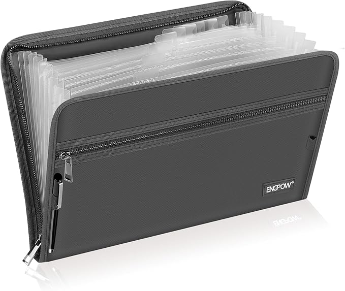 ENGPOW Accordion File Organizer,Fireproof 13 Pockets Expanding File Folder,Document Organizer Folder with Zipper＆Labels,Portable Home Travel Safe Storage for Letter A4 Files and More,Gray