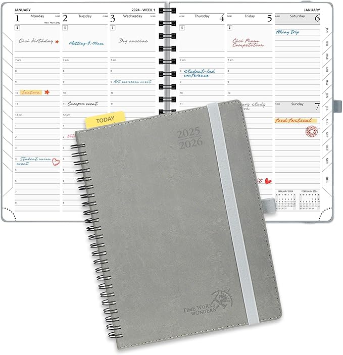 POPRUN Planner 2025-2026 (Medium - 6.5'' x 8.5'') Academic Weekly Calendar (July 2025 - June 2026) with Hourly Time Slots, Monthly Tabs, 100GSM Thick Papers, Spiral Leather Cover - Grey