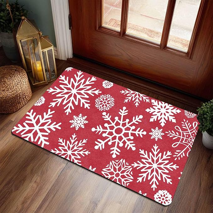 InterestPrint Christmas Red Door Mat Xmas Snowflakes Doormat Washable Floor Mats Outdoor Indoor Non-Skid Area Rug Entry Doormat for Bedroom Living Room Kitchen Nursery, 16" x 24" Inch
