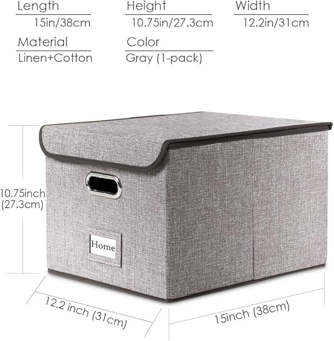 PRANDOM File Organizer Box - Set of 1 Collapsible Decorative Linen Filing Storage Hanging File Folders with Lids Office Cabinet Letter Size (15x12.2x10.75 inch)