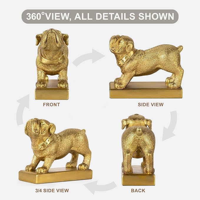 Decorative Bookends for Shelves, Dog Book Ends for Heavy Books, Bulldog Statues Bookends for Heavy Books with Anti-Slip Base Book Holders for Home Office Decor (Gold)