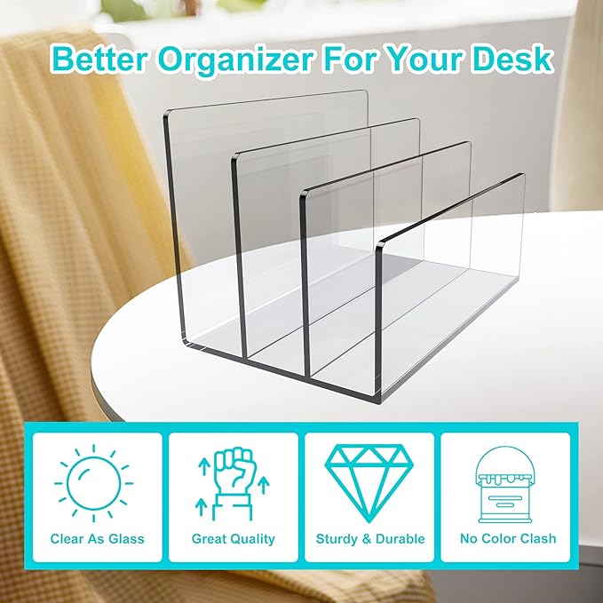 Boloyo Acrylic File Holder,2PC 3 Sections Clear File Organizer Mail Letter Sorter Desktop Folder Holder for Home Office School Envelope Bill Filling Paper Document