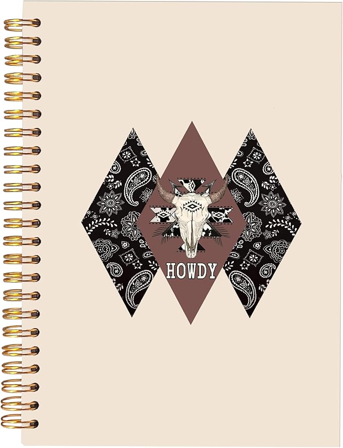 KAOWT Boho Western Howdy Notebook Journal, Rustic Western Cow Skull Notebooks for Note Taking, Country Southwestern Tribal Journal, Cowboy Cowgirl Gifts Hardcover Spiral Notebook 5.5x8.3in