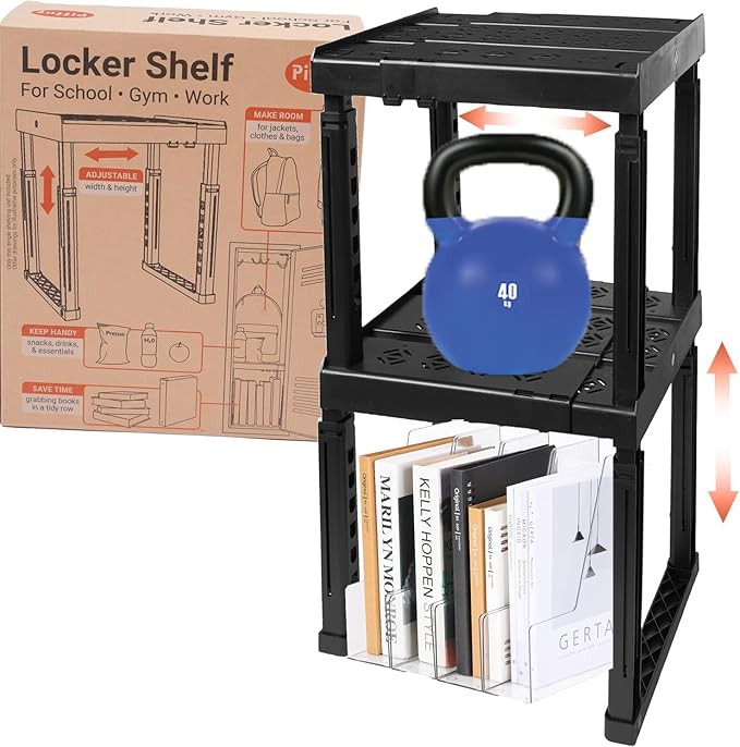 Locker Organizer Shelf， Adjustable Width and Height, Stackable, Ideal Locker Shelf for School, Office, Gym Lockers, or Even Kitchen Cabinets & Under Sink Organization (Black 2 Pack)