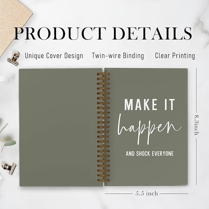 QLMX Make It Happen Motivational Spiral Notebook, Inspirational Journal Notebook, Inspirational Coworker Office Supplies Gifts for Women Men Employee, Green Positive Notebooks for Work, 5.5x8.3 Inch