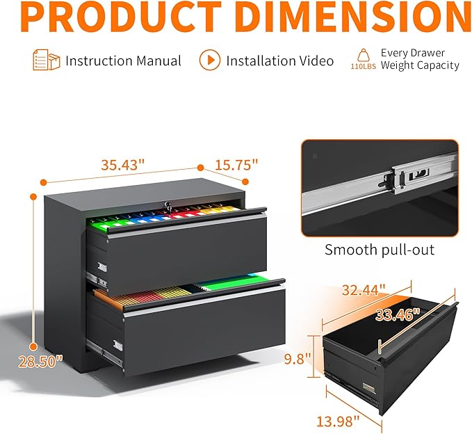Locking File Cabinet with 2 Drawer Heavy Duty Large Metal Filing Cabinets Home Office Black Lateral File Cabinets Wide Steel Cabinet fors Legal/Letter Size,Assembly Required