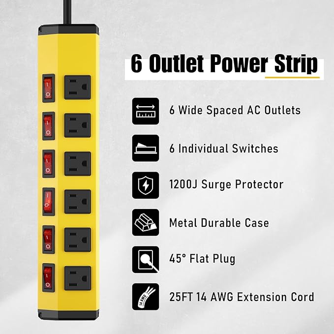 ANNQUAN 6 Outlet Metal Power Strip with 6 Individual Switches,Heavy Duty Power Strip 1200J 15A 25FT Cord Home Office Industrial Commercial Shop