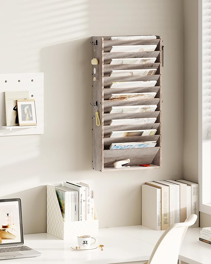 Wall File Organizer, 10-Tier Hanging Mail Organizer, Wall Mount File Holder with 4 Side Hooks, Industrial Mail and Storage Organizer, Wooden Vertical Hanging Holder for Office, Greige MWJ03FH