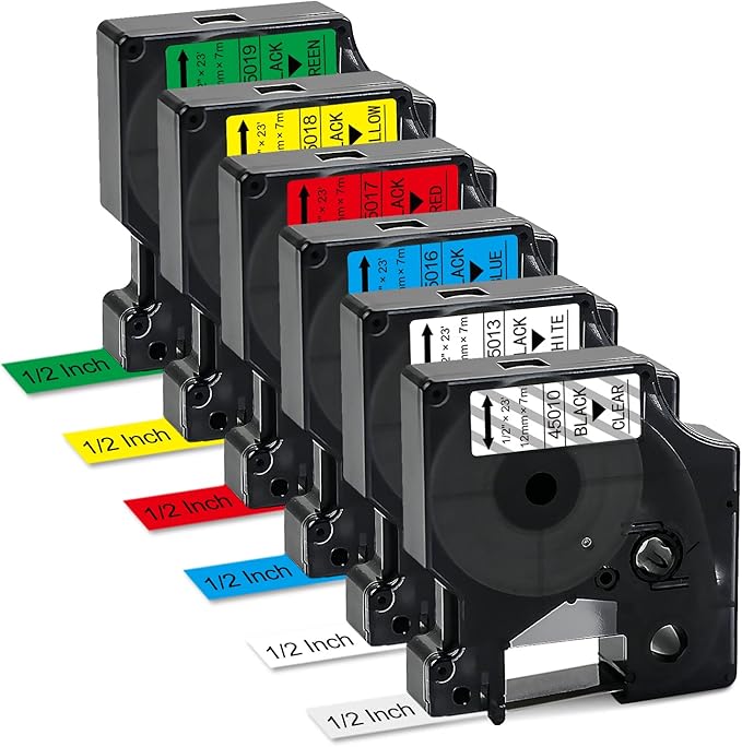 BOYEEZON 6PK Compatible for DYMO D1 12mm Color Label Tape (45013 45010 45016 45017 45018 45019) D1 12mm Refills Color Combo Set for Dymo Labelmanager 280 160 360D 450 Duo, 1/2In x 23Ft