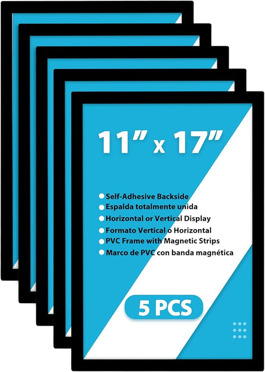 Magnetic Sign Holder 11x17 Wall Mount,Self Adhesive Magnetic Paper Holder,Plastic Window Double Sided Display Frame for Tabloid Size Poster Sign Document at Store School Office,5Pcs