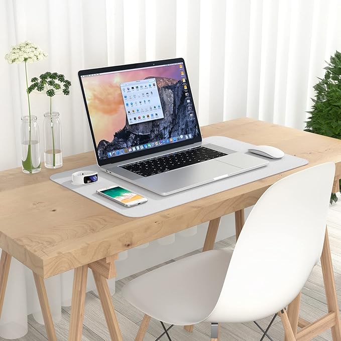 Hsurbtra Desk Pad, 23.6" x 13.8" PU Leather Desk Mat, M Extended Mouse Pad, Waterproof Desktop Blotter Protector, Non-Slip Ultra Thin Small Laptop Keyboard Writing Mat for Office Home, Gray