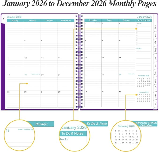 2026 Planner - Planner 2026 from January 2026 to December 2026 with 12 Monthly Tabs, Flexible Cover, Inner Pocket, 8.5" x 11", Purple-B