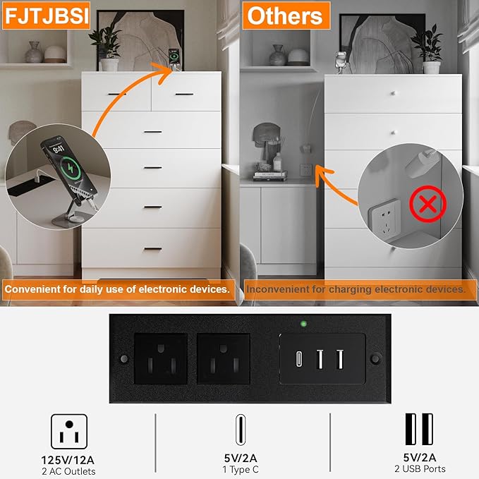 Dresser with Power Outlets Wooden 6 Drawer Dresser with Large Organizer White Tall Storage Organizer with Smooth Metal Rail Modern Chest of Drawers Closet for Bedroom Hallway
