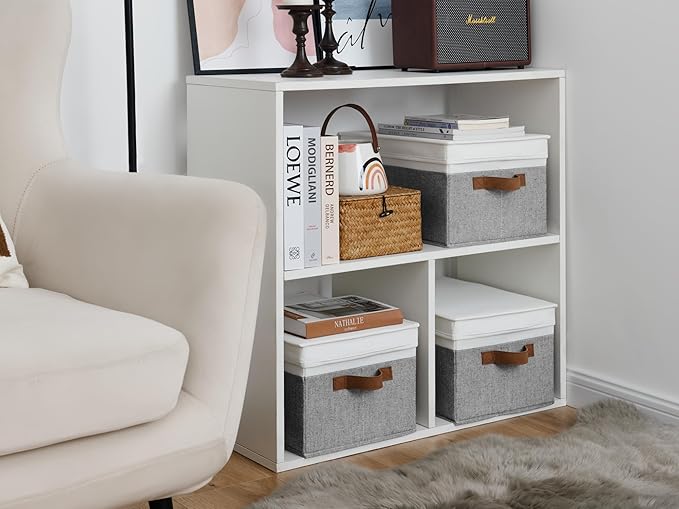 StorageWorks Large Storage Bins with Lids, Decorative Storage Boxes with Lid and PU Handles, Foldable Storage Baskets for Closet, Shelves, Stackable, Grey and White, 3-Pack