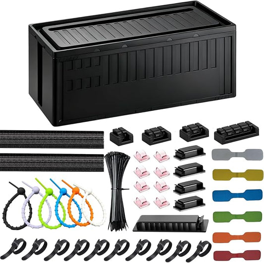 [142Pcs] Cable Management Kit with Cable Box, Medium Cord Hider Box to Conceal Power Strip Holder on Desk or Floor, Under Desk Cable Management Kit Cable Organizer Box, TV Cord Organizer Box, Black