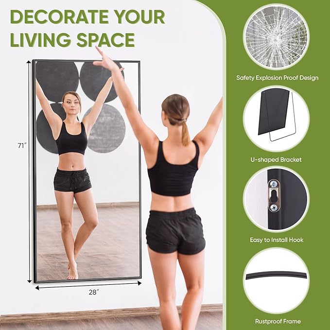 Full-Length Floor Mirror with Stand, 71"x28" Rectangle Style Full Body Standing Mirror for Bedroom, Living Room, Gym, Dorm - Shatter-Resistant & Easy Assembly, Black