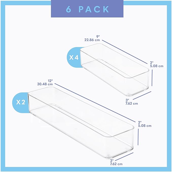 Six Pcs. Plastic Clear Drawer Organizers. Stackable Storage Trays for Kitchen Utensils and Silverware. 2 Sizes. Stackable