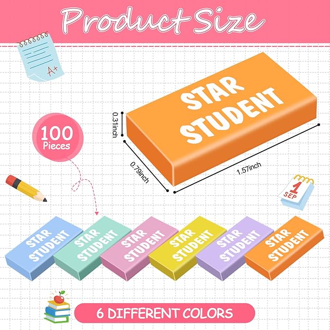 100 Pcs Star Student Erasers Bulk for Kids Back to School Pencil Erasers Fun Inspirational School Supplies for Students Classroom Office Teacher Award Gifts